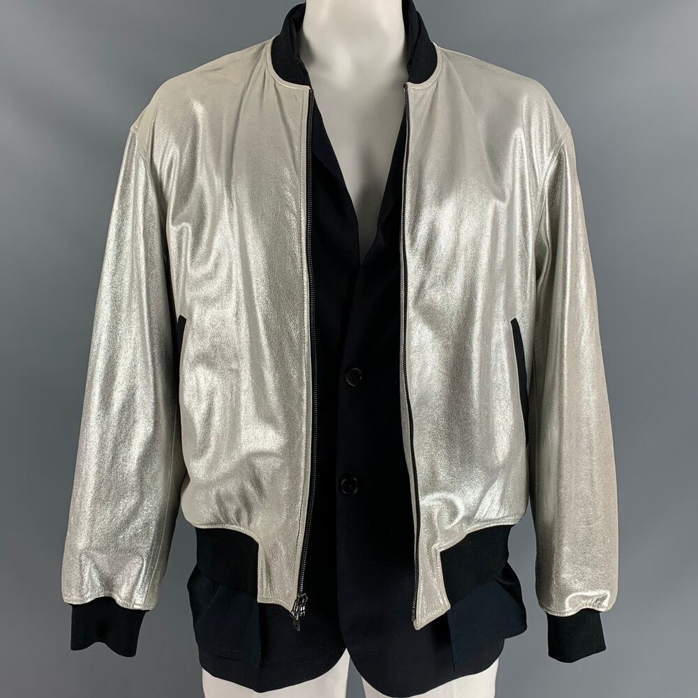 3.1 PHILLIP LIM Size L Silver Black Mixed Materials Bomber Jacket